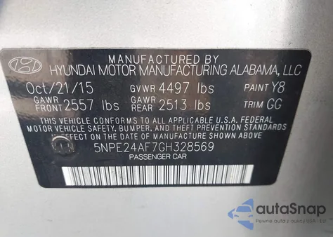 2016 Hyundai Sonata Se z USA, uszkodzony, nr VIN 5NPE24AF7GH328569